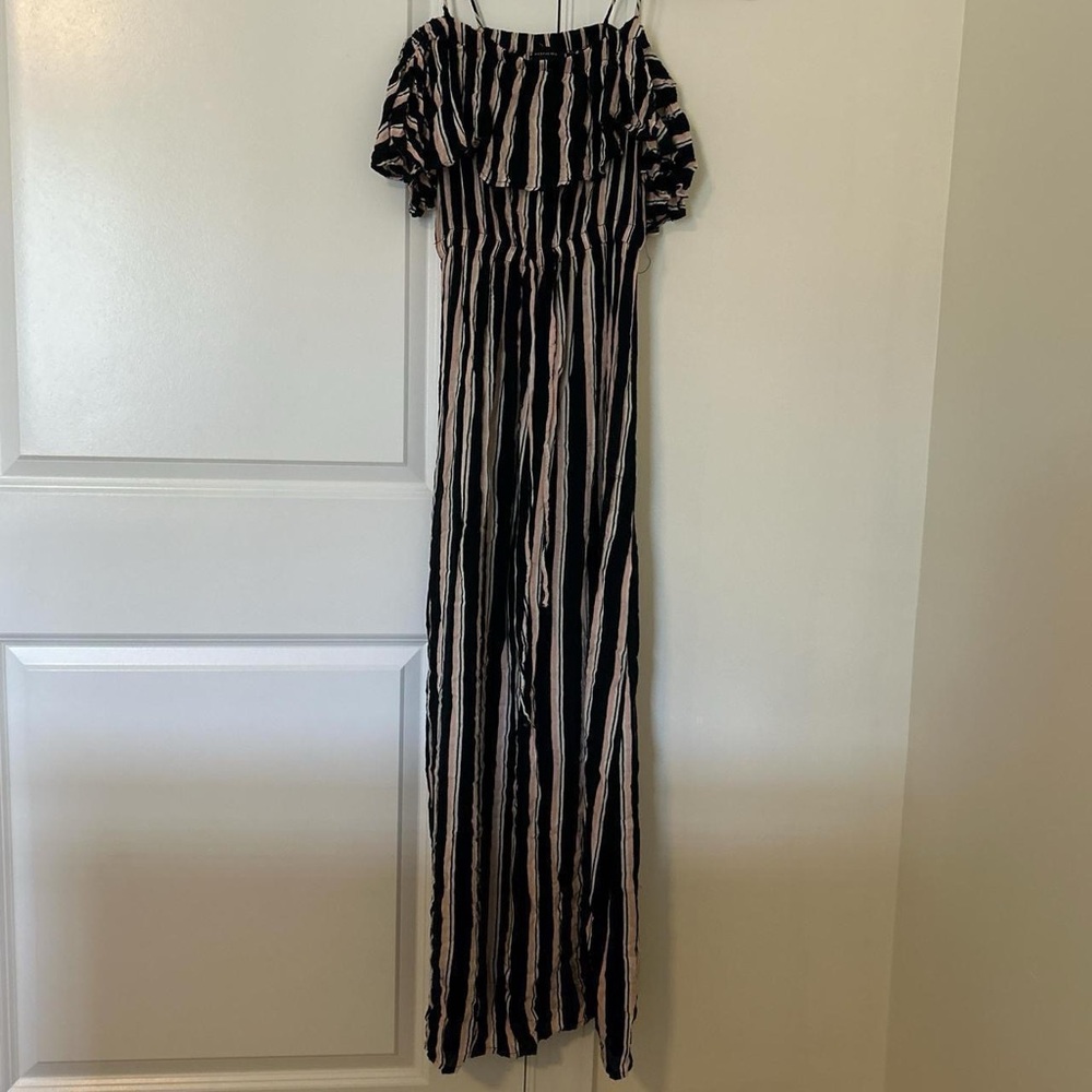 Atmosphere Striped Black Pink and White Ruffle Maxi Dress